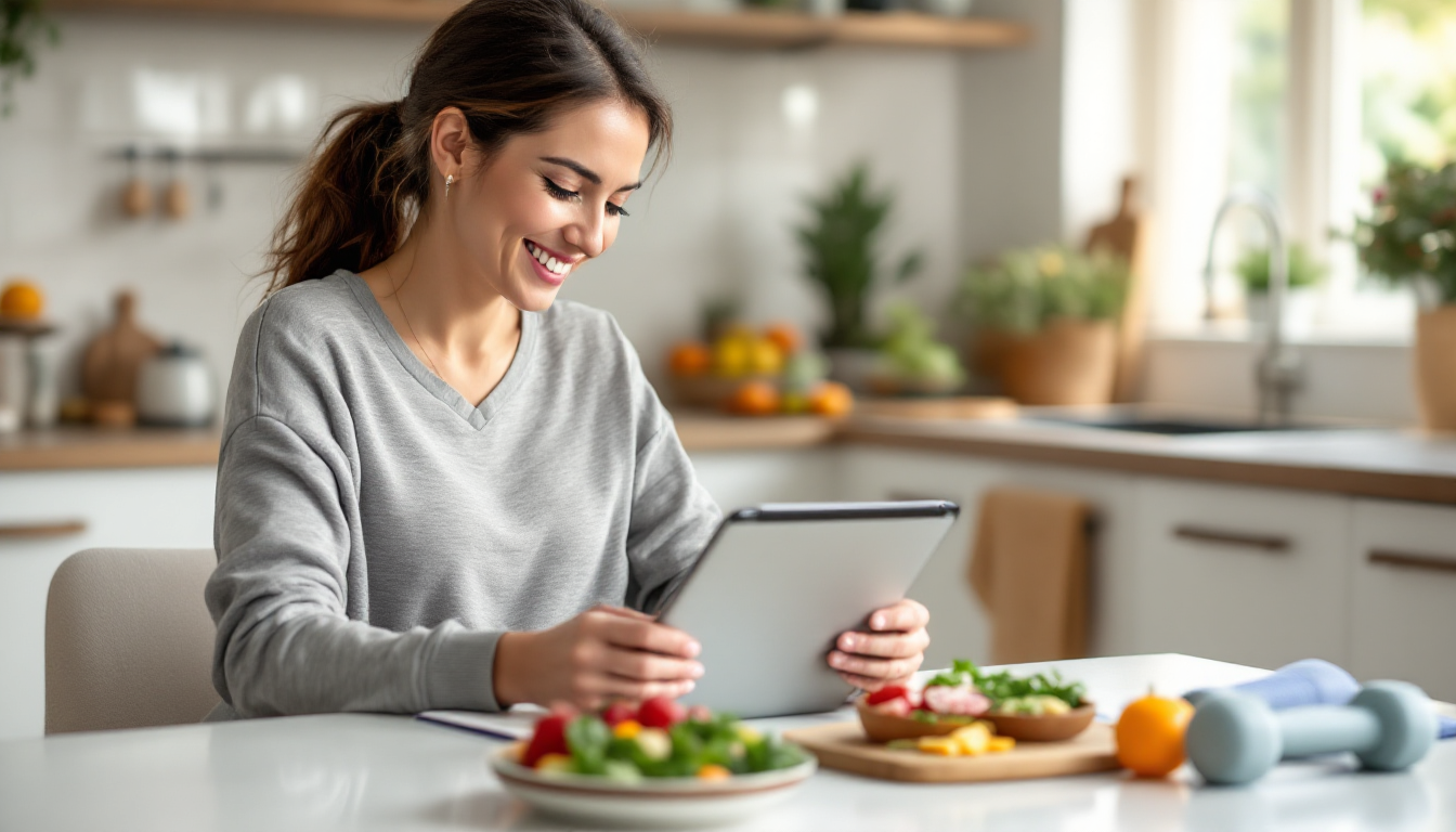 A personalized workout and meal plan laid out on a kitchen table